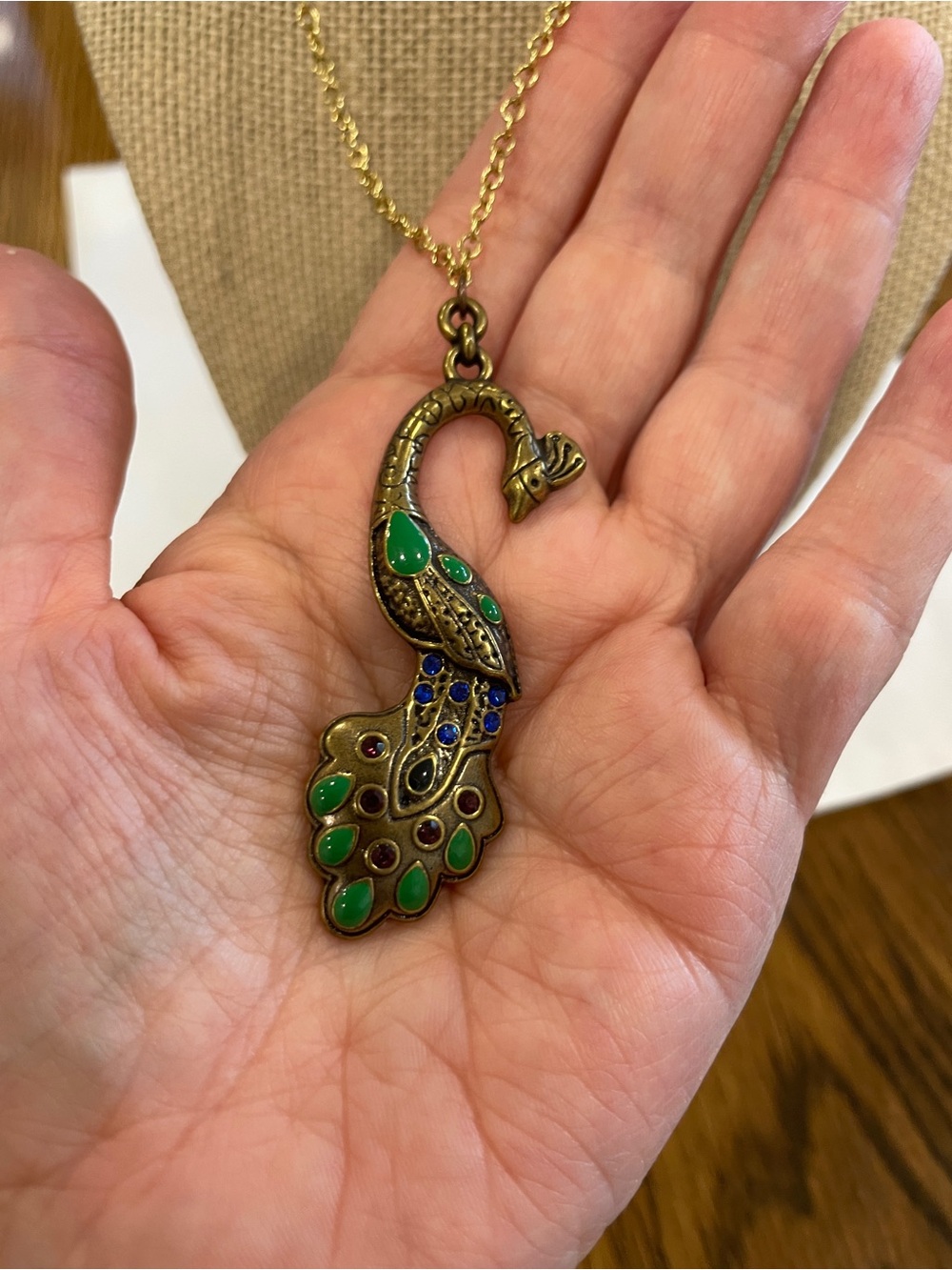 Vintage Inspired Green Peacock Pendant Necklace 18k Gold Plated Chain Statement